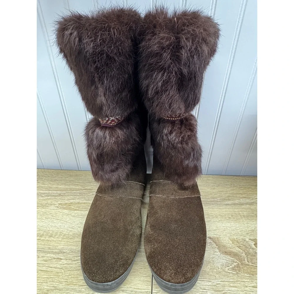 Minnetonka Women‎ 9 Brown Suede Rabbit Fur Mukluk Winter Boots Woven Yeti